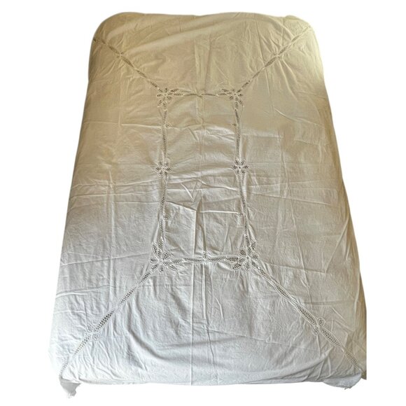 Battenburg Lace Tablecloth Scalloped Edges 83"x64" White Cotton - Picture 3 of 10